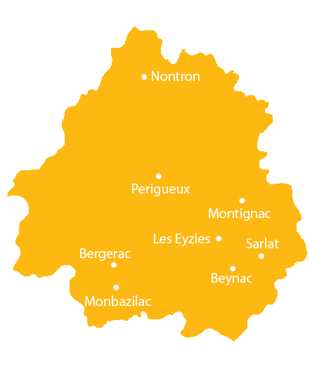 Dordogne map Carte de Dordogne en France, où l'installateur de panneaux solaires Solanov peut réaliser des projets